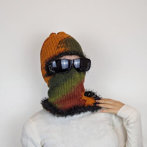 Sunset Multicolor Fairy Grunge Fuzzy Knitted Handmade Balaclava Winter Hat - Picture 1 of 8